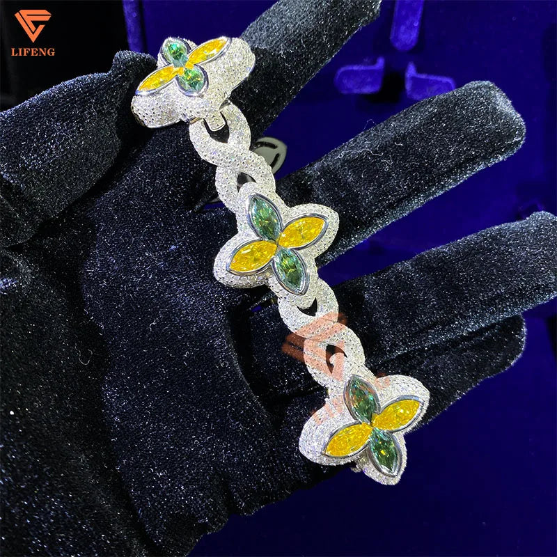 Lifeng Custom Colored Flower Cuban Bracelet 925 Sterling Silver Fine Jewelry for Women VVS Moissanite Diamond Infinity Bracelet