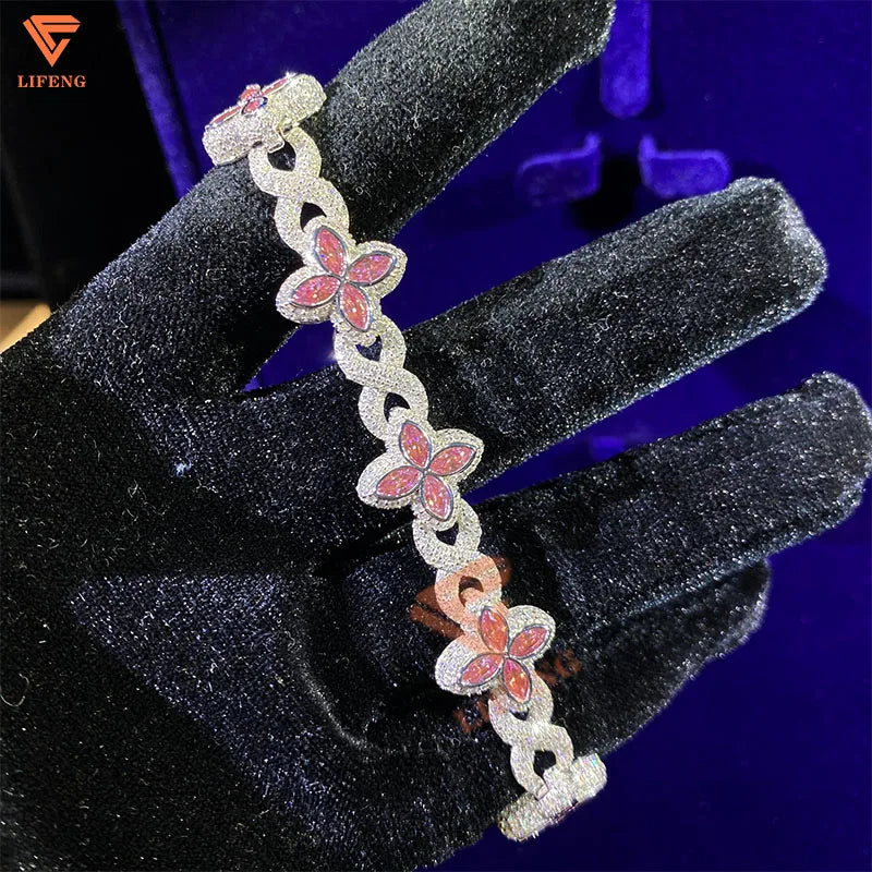 Lifeng Custom Colored Flower Cuban Bracelet 925 Sterling Silver Fine Jewelry for Women VVS Moissanite Diamond Infinity Bracelet