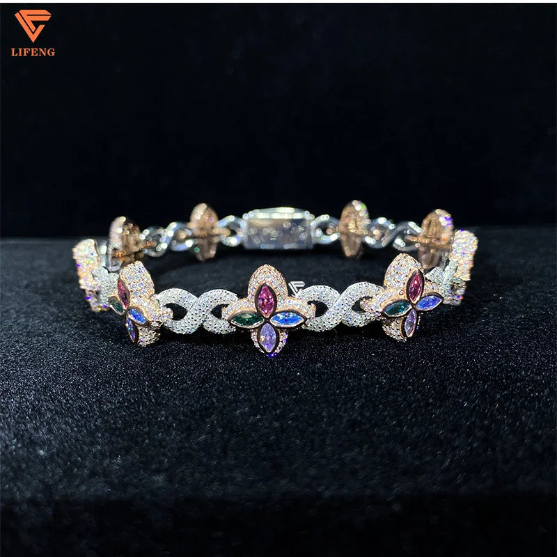 Lifeng Custom Colored Flower Cuban Bracelet 925 Sterling Silver Fine Jewelry for Women VVS Moissanite Diamond Infinity Bracelet