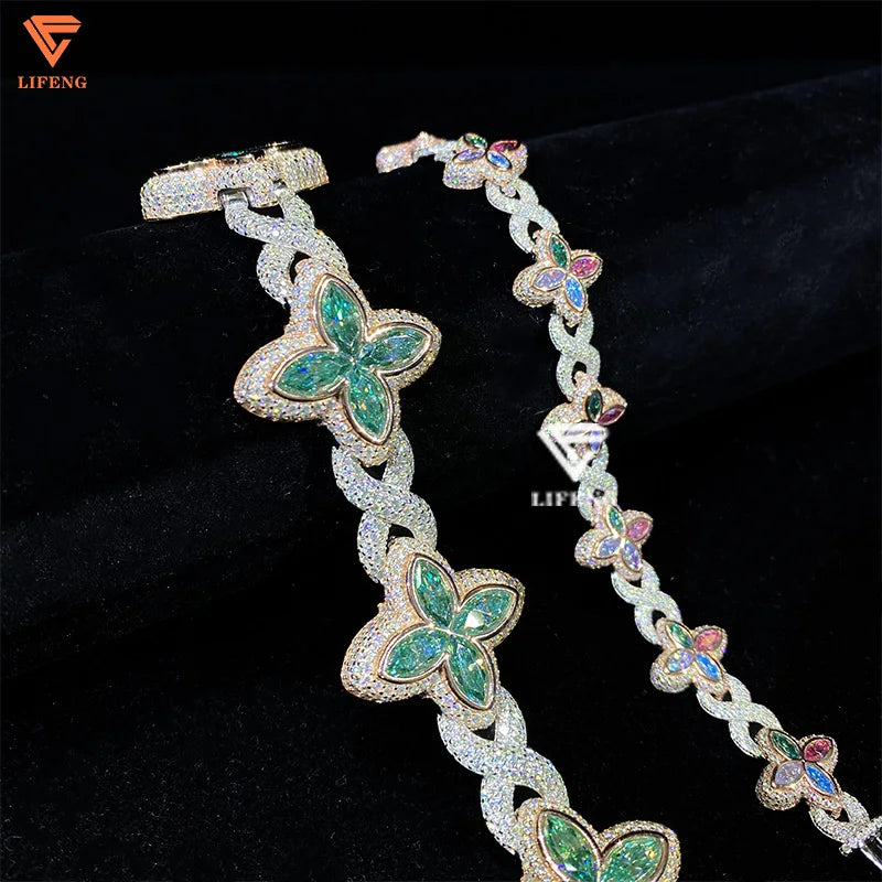 Lifeng Custom Colored Flower Cuban Bracelet 925 Sterling Silver Fine Jewelry for Women VVS Moissanite Diamond Infinity Bracelet