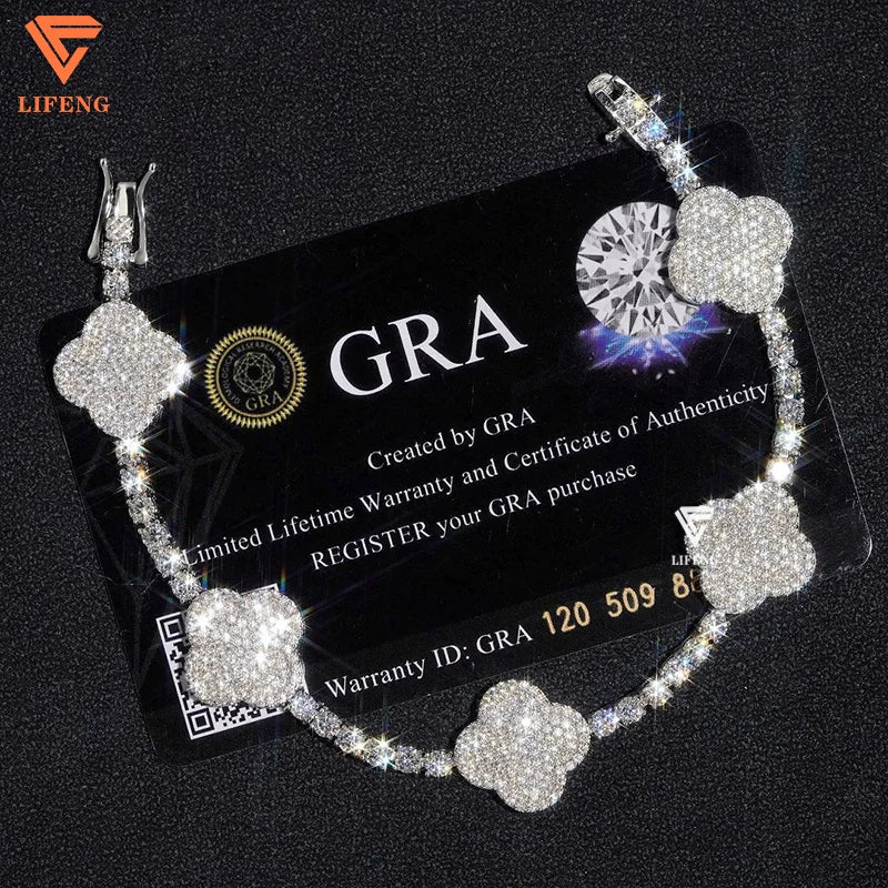 Hip Hop Iced Out Diamond Clover Bracelet 4mm Wide 925 Silver VVS1 Moissanite Tennis Bracelet With GRA Certificate