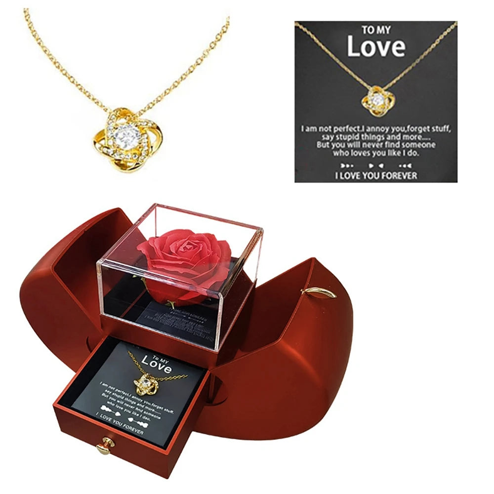 Anniversary Birthday Valentines Day Gifts Jewerlry Box Real Eternal Rose Flower With Necklace For Girlfriend Mom Wife Wedding
