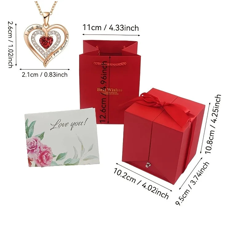 Rose gift box with Red Heart Necklace, Mother's Day Present, Christmas，Valentine's Date Souvenir, Anniversary Keepsake