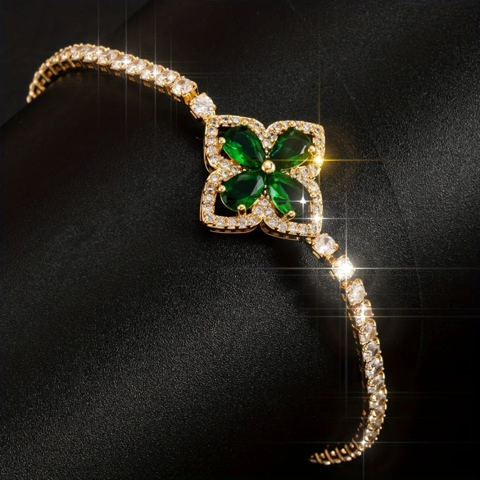 Luxury Shiny AAA Zircon Four-leaf Flower Charm Bracelet For Women Ladies Exquisite Colorful CZ Bracelet Jewelry Gift